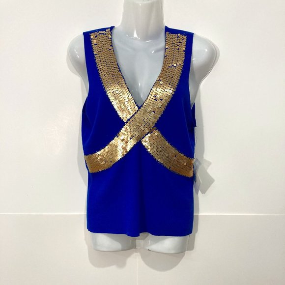 NWT Phosphorus Sequin Embellishment Knit Tank Top Blue Silk Blend Size L - Picture 1 of 10
